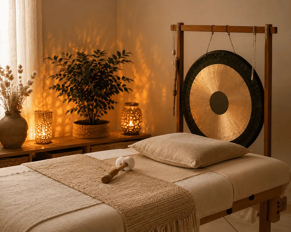 Ruhiger Klangraum mit Liege und Gong für Klangmassage in Parsberg